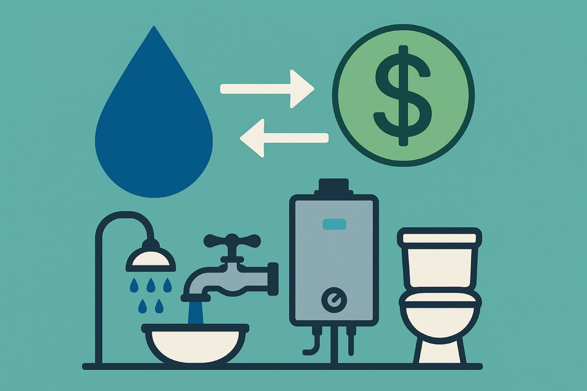 Illustration linking water use at a shower, faucet, water heater and toilet to a lower monthly bill